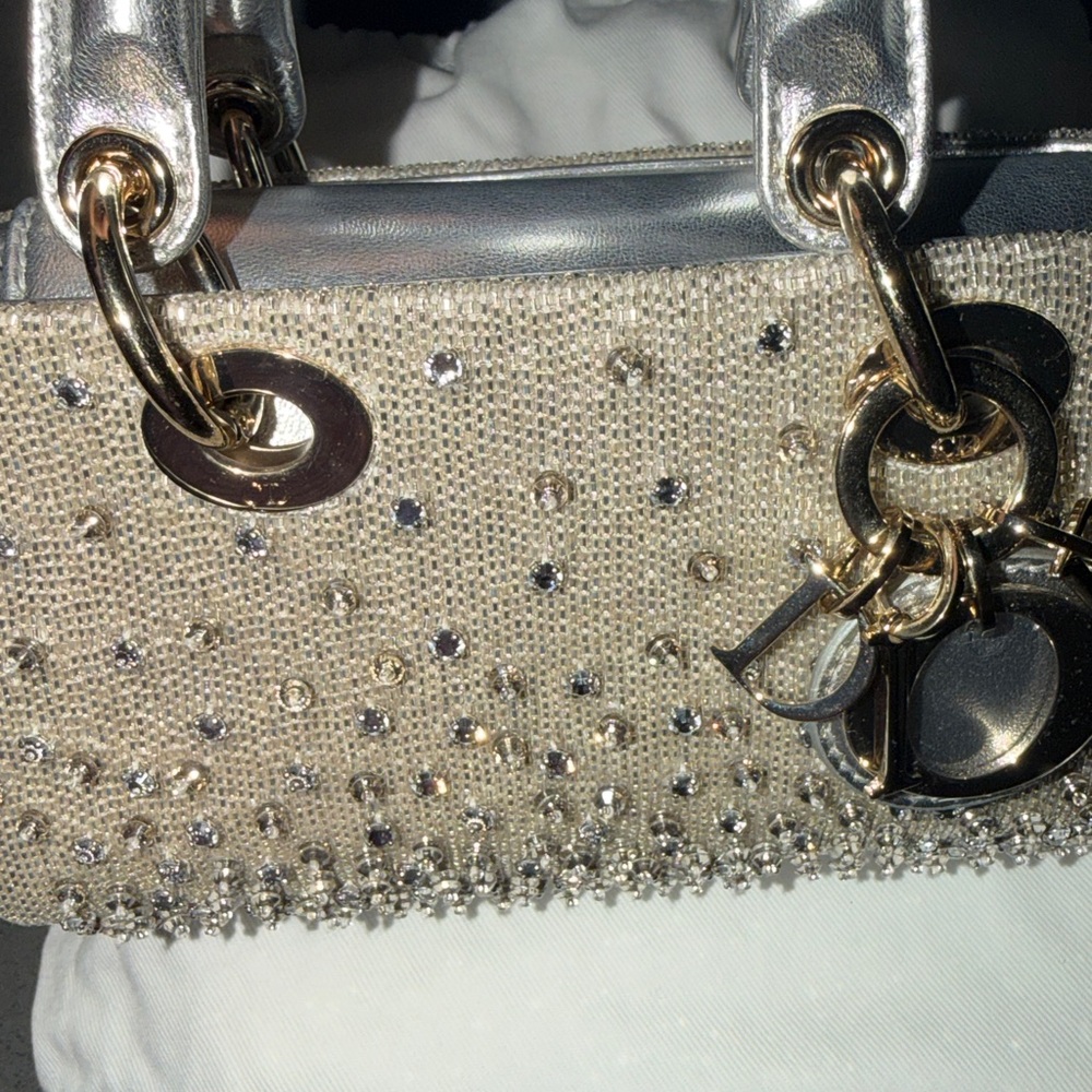 DIOR LADY D-JOY MICRO BAG SILVER-GOLD HW SATIN GRADIENT BEAD EMBROIDERY PRELOVED - Picture 11 of 13